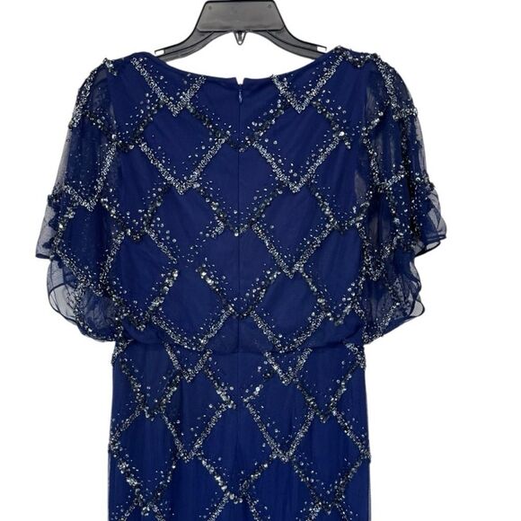 NWT Adrianna Papell | Hand Beaded Blouson Long Gown Flutter Sleeves Navy Blue 2 - Picture 5 of 8